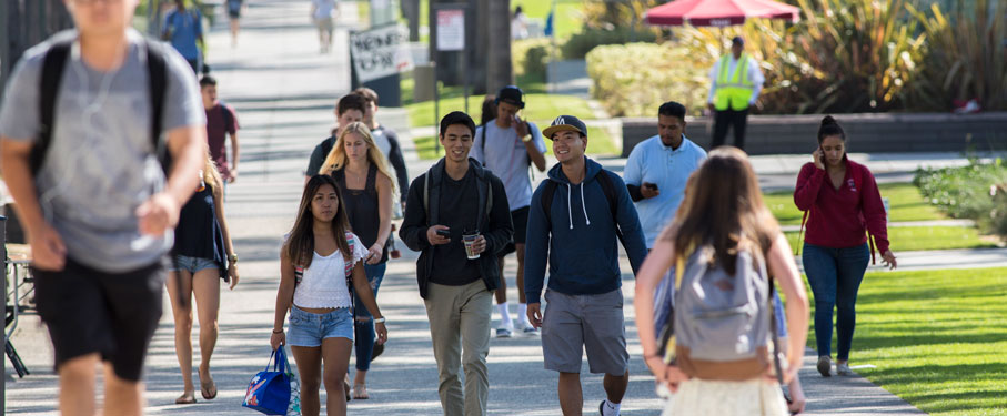 Students walking around LMU campus on Palm Walk