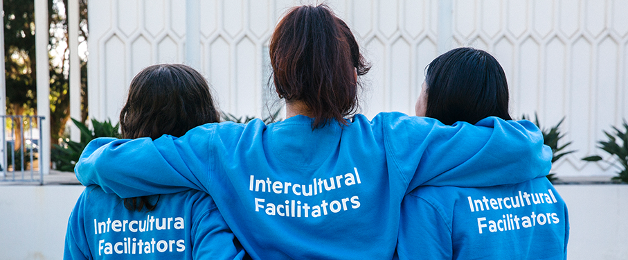 Three students stand outside with their backs facing forward with blue sweatshirts that say Intercultural Facilitators.
