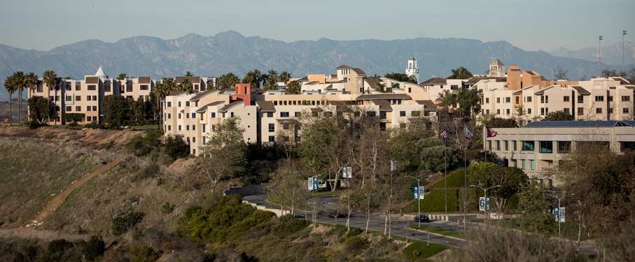 Panoramic view of 1 LMU Drive that includes most residence halls