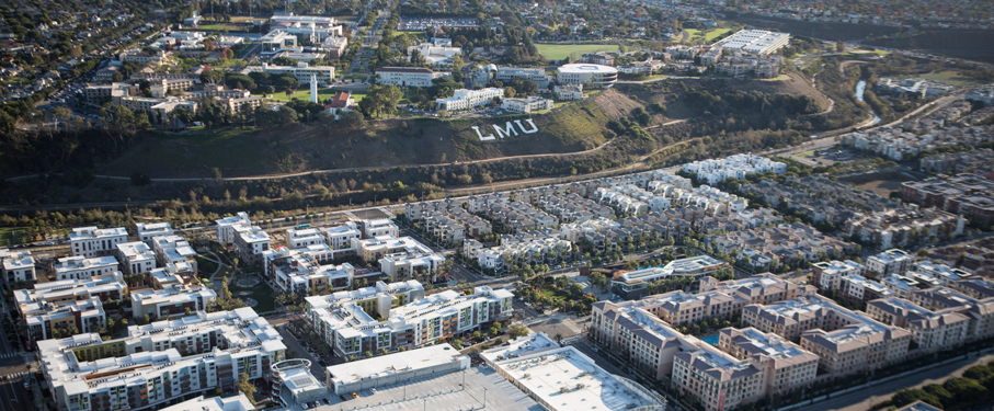 Panoramic aerial view of Playa Vista and the LMU bluff letters