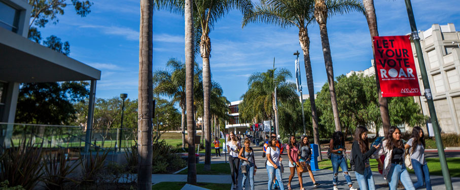 Students walking down the pathway towards the library.