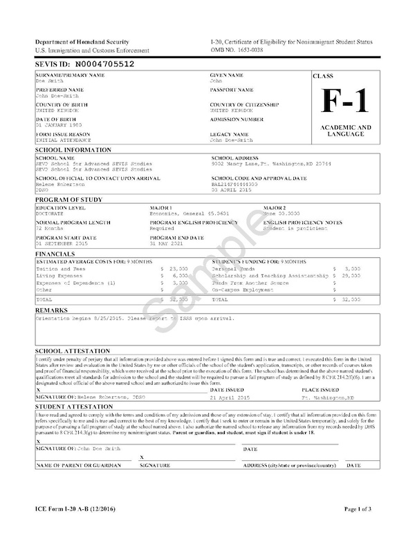 example of an I-20 document