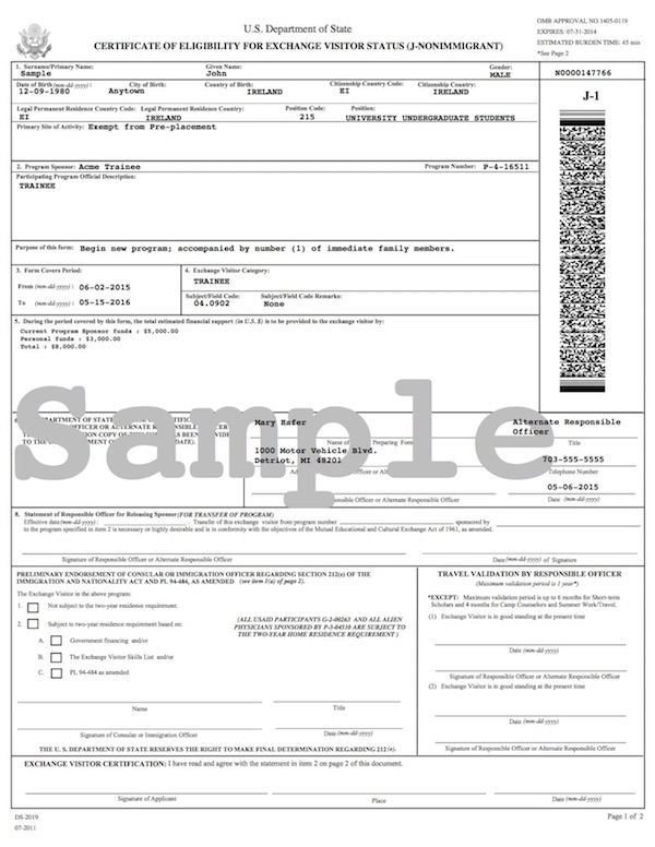 a sample of a DS-2019 document