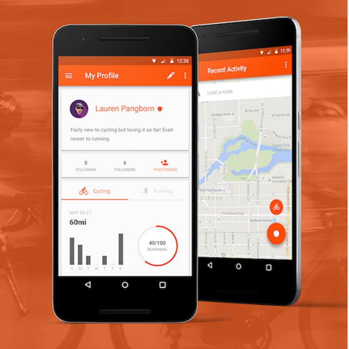 Mobile phones on an orange background displaying Strava fitness app