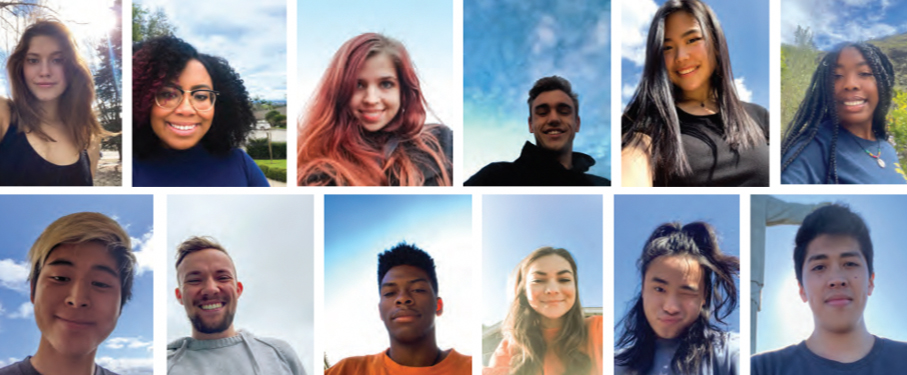 Students in separate images with blue sky backgrounds
