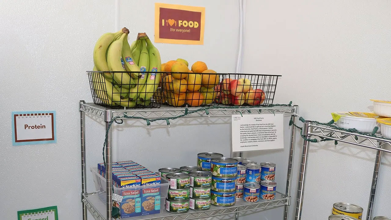 Stocked food shelves in the food pantry