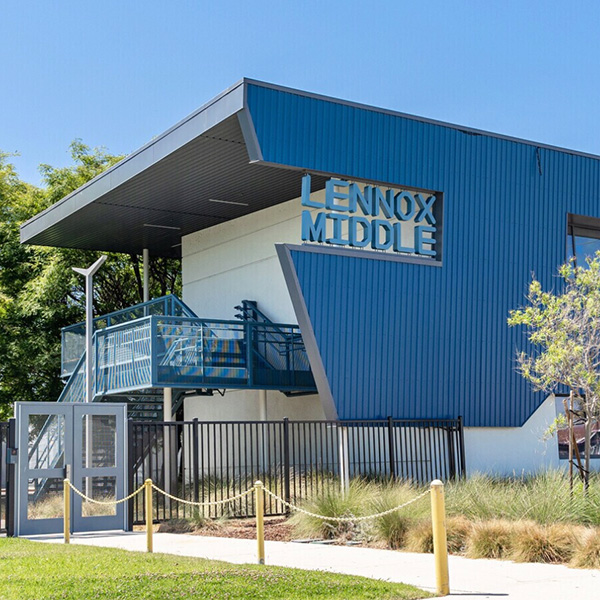 Exterior shot of Lennox Middle School's blue building.