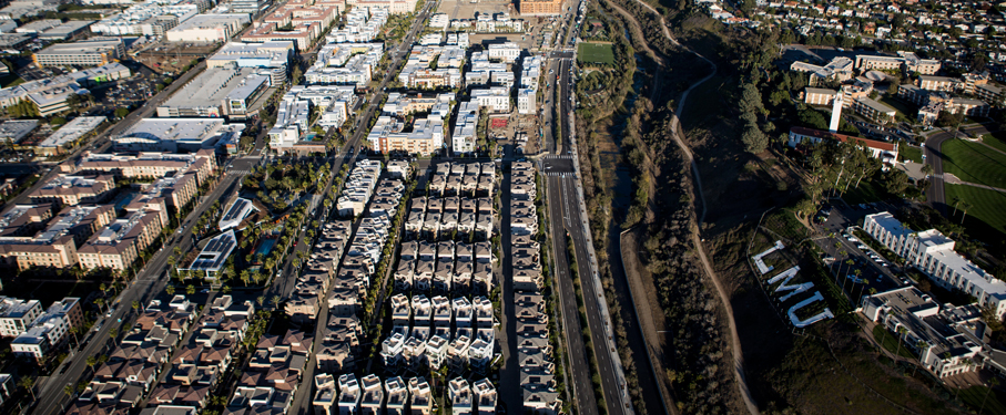 aerial view of Playa Vista and the LMU letters on the LMU bluff
