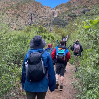 Students in blue and colorful red and blue jackets hike on a trail with greenery all around.