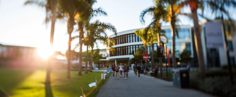 LMU students walking in Palm Walk